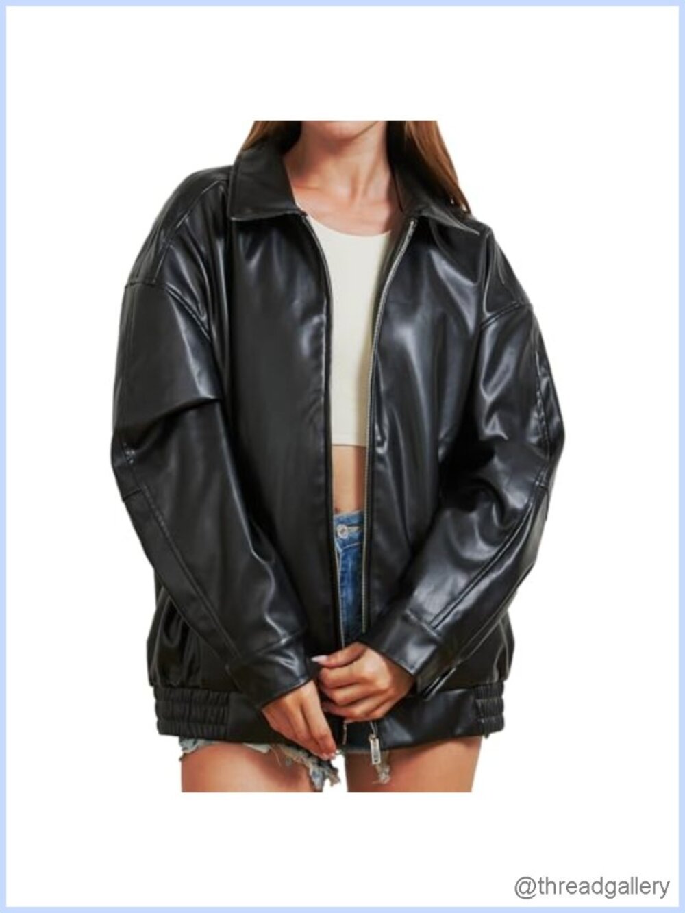 Women Faux Leather Oversized Bomber Jacket Y2K Zip Long Sleeve